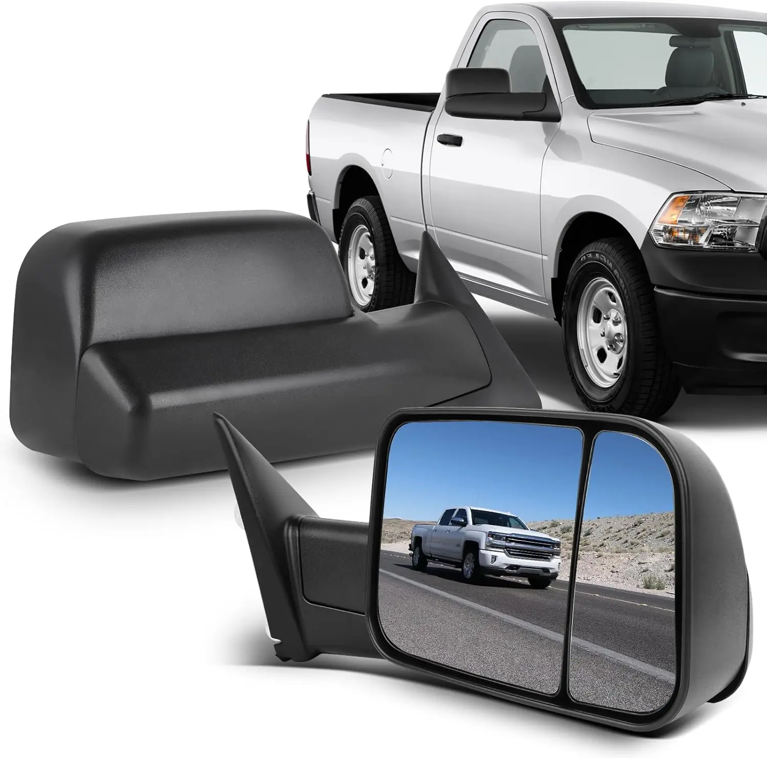 Towing for 1998 - 2001 Dodge Ram, Plastic Material, Black Color, Power Heated, Driver and Passenger Side Pair, Manual Flip Up