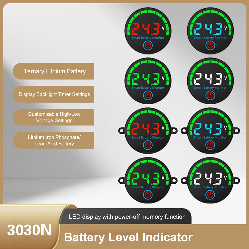 Round LED Battery Level Indicator DC 7-55V Adjustable Backlight Low Voltage Flash Alarm Power-off 3S-14S Lithium 12V 24V 48V