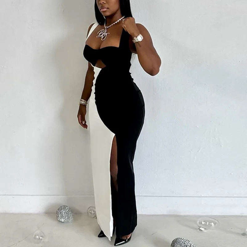Women\'s Black & White Color Spliced Halter Hollow-Out Chest Wrapped Sleeveless Dress, Split, Backless, Sexy
