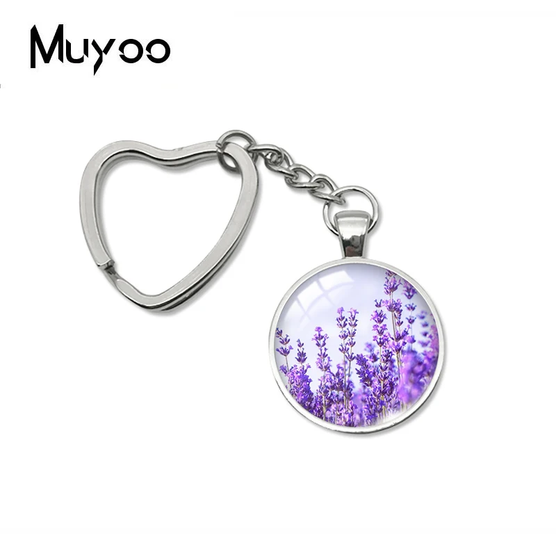 2023 New Lavender Blossom Heart Keychain Purple Flower Keychains Glass Dome Cabochon Jewelry Gifts Fans