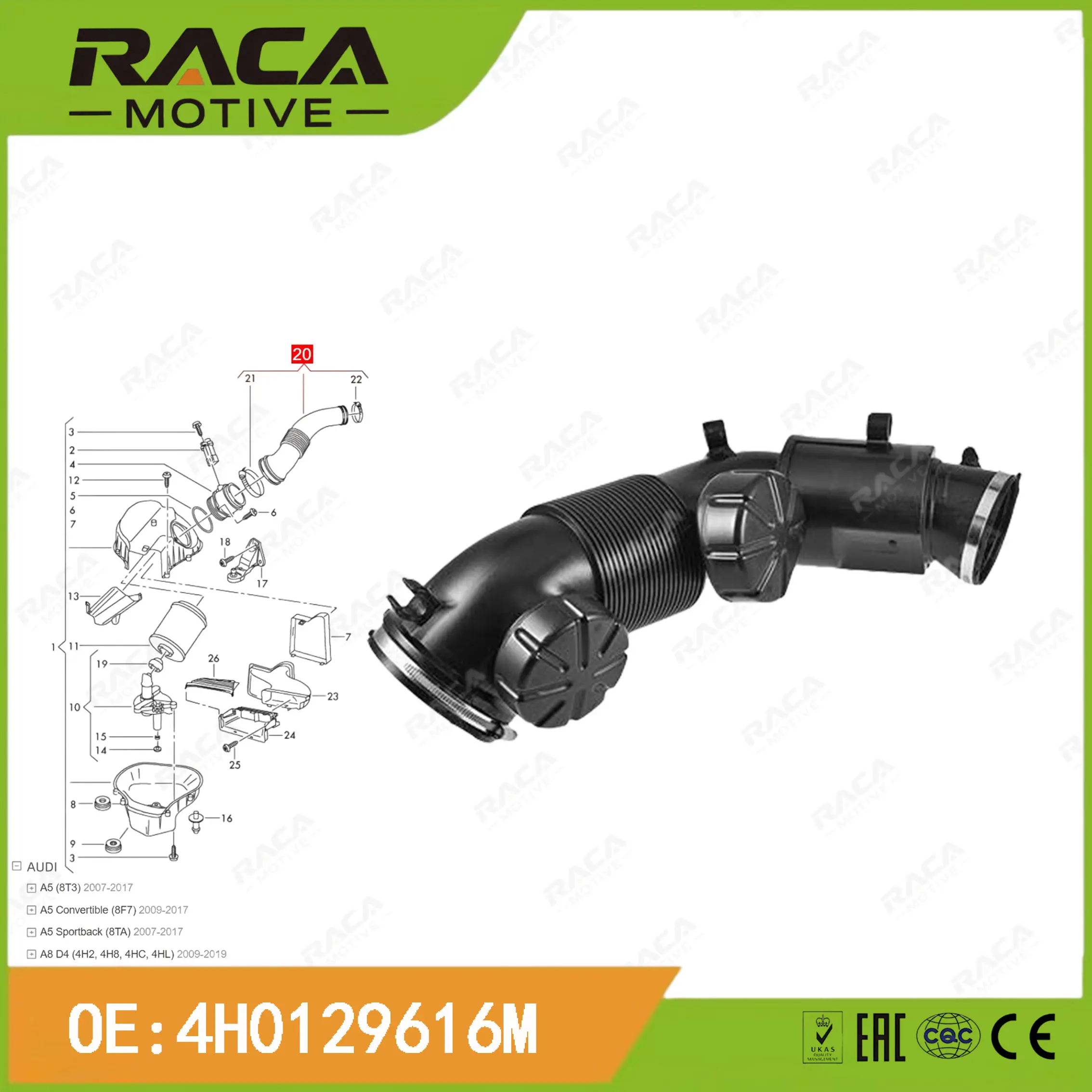 Engine Air Filter Intake Pipe Suitable for Audi A8 D4 (4H2/4H8/4Hc/4Hl) A5 (8T3/8F7/8Ta) 4H0129616M 4H0129628M 4H0129616N 4H0129616D
