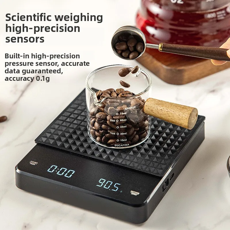 Báscula digital para café de 0.1g a 3kg con temporizador, pantalla LED, USB, alta precisión, para espresso y cocina, en oz, ml, g