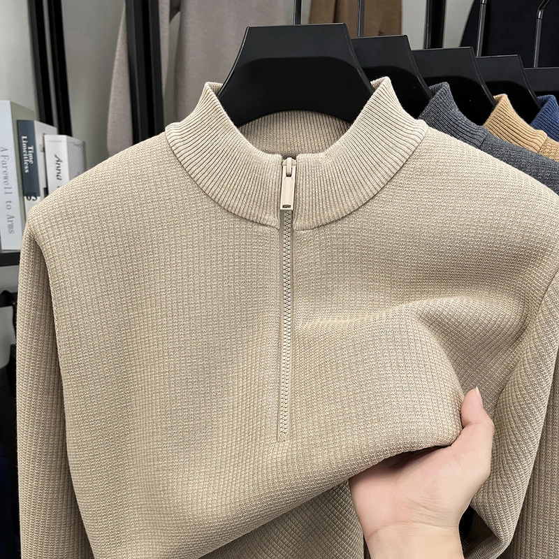 

Men's Winter Thicker Wool Sweater with Half-Zip High Neck, Simple Solid Color Standing Collar Innerwear Knit Base Layer