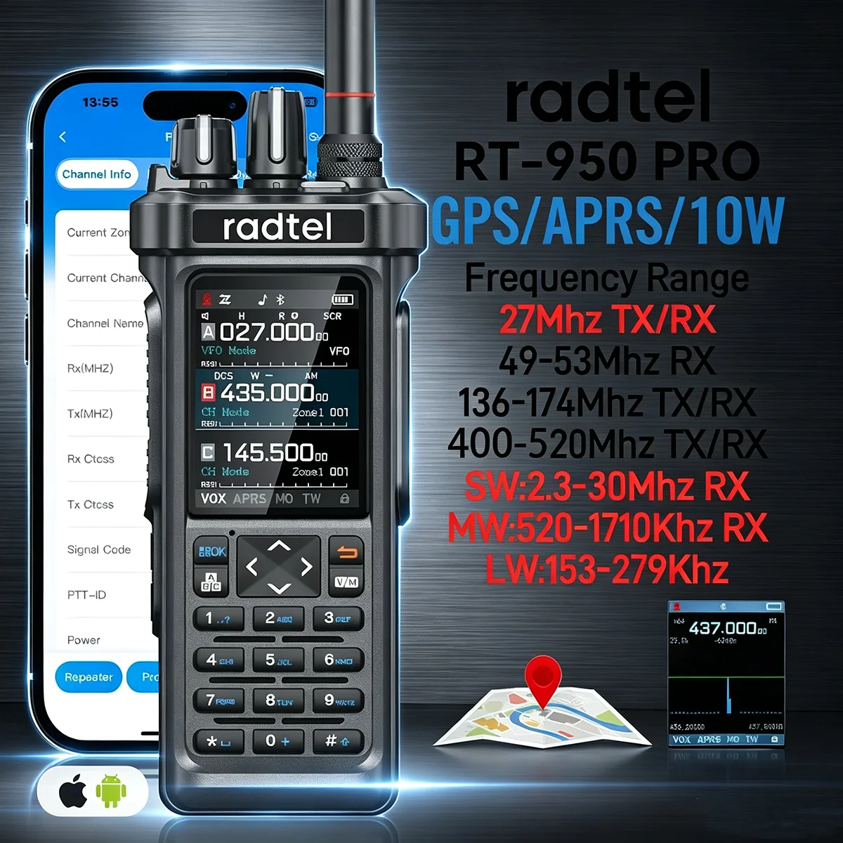 RT-950 PRO Walkie Talkie AM/FM/CB/LSB/USB/CW com receptor GPS APRS 10W, programação por Bluetooth e telefone, rádio amador RT-950PRO