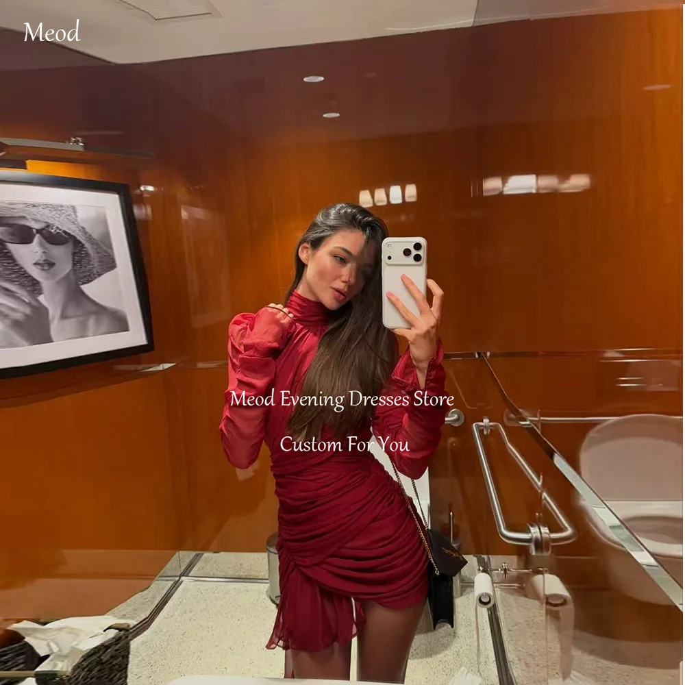 

MEOD High Neck Mini Ruffles Prom Dress Sexy Burgundy Short Birthday Dresses Sexy Mermaid Mini Chiffon Graduation Gown Customized