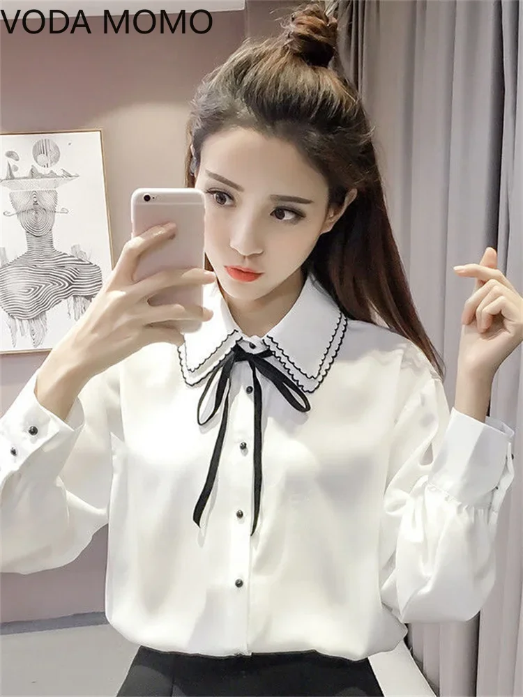 S-4XL Fashion Female Elegant Bow Tie White Blouses Chiffon Collar Casual Shirt Office Ladies Blouse Summer Blouses for Women