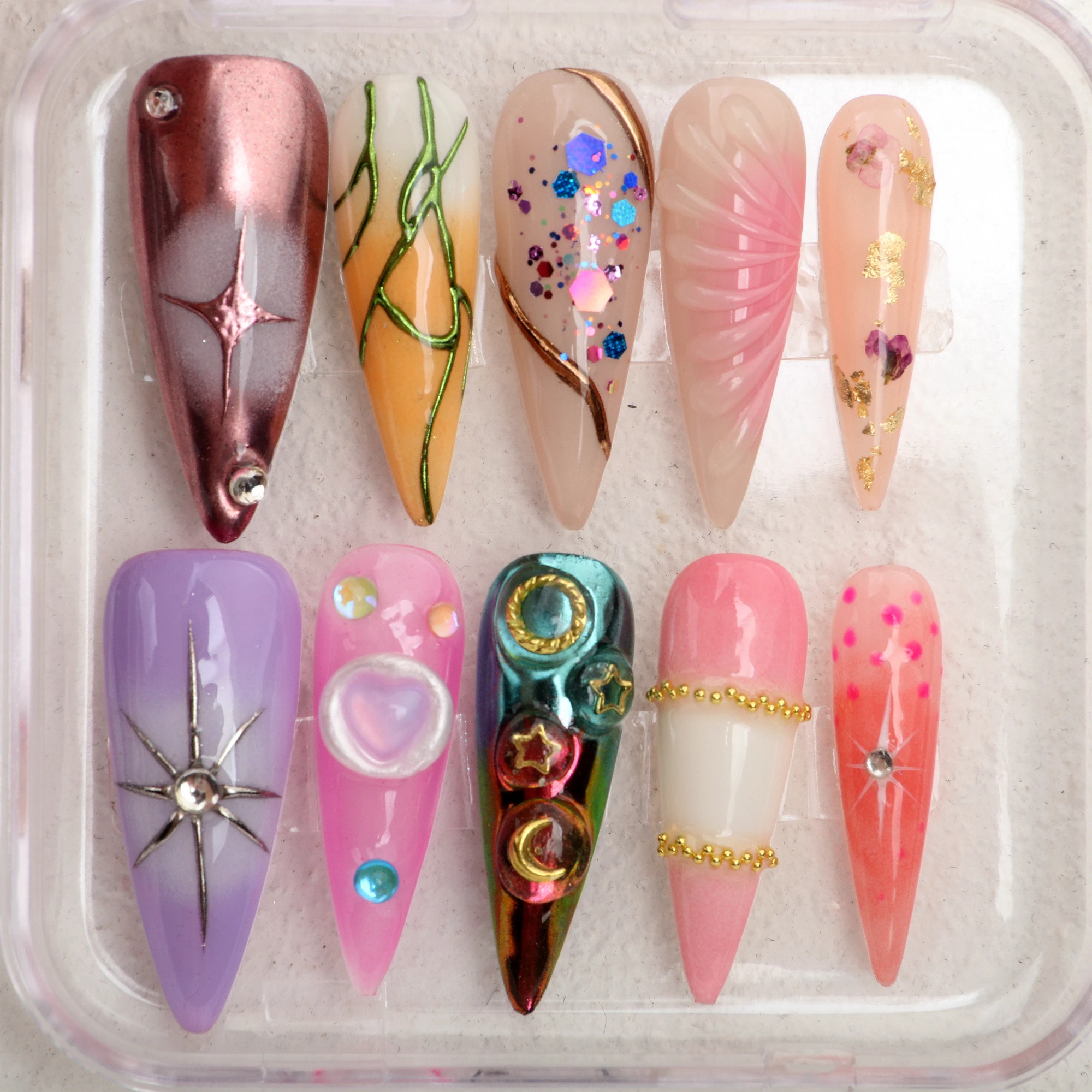 

10Pcs Handmade Manicure Long Stiletto Fake Nails Unique 3D beautiful Flowers Press On Nails Design with Adhesive Nail File Set