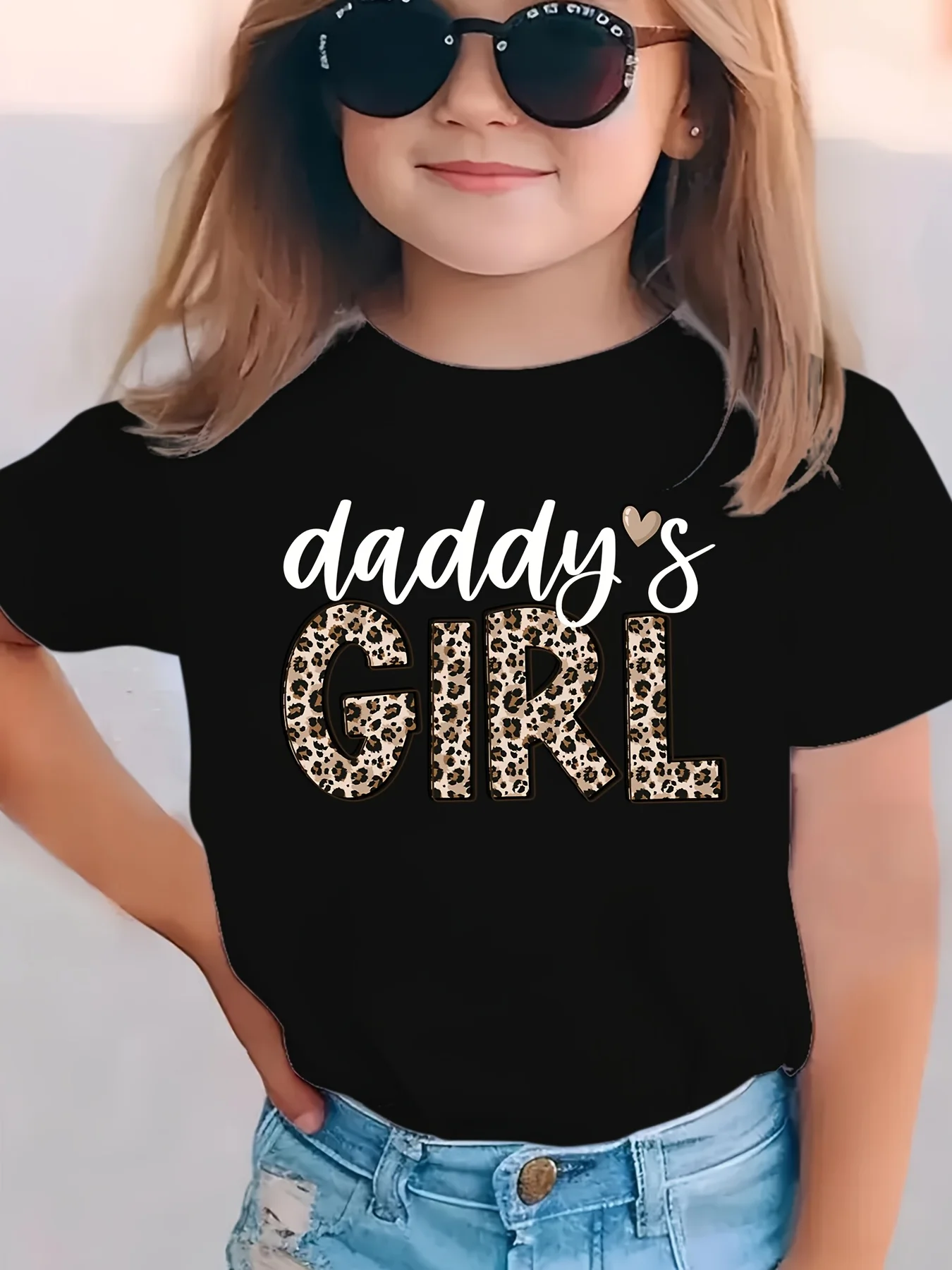 Girls Tee Daddys Girl Leopard Pattern Letter With Small Heart Print Short Sleeve Soft Cotton Kid Sweet Casual Daily Wear T Shirt