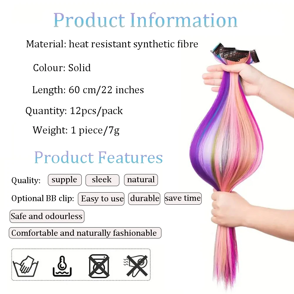 22 inches12pcs/pack Colored Party Synthetic Clip in Hair Extensions for Girls Multi-colors Straight Hair Synthetic Hairpieces