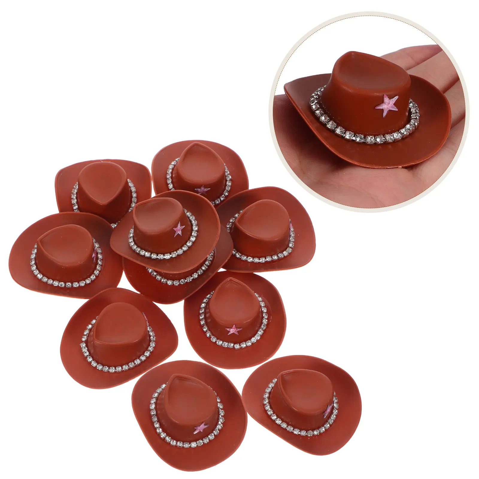 10Pcs Mini Cowboy Hats Rhinestone Chain Embellished Sturdy Plastic Mini Western Cowgirl Hats for Crafts Party Decoration Cupcake