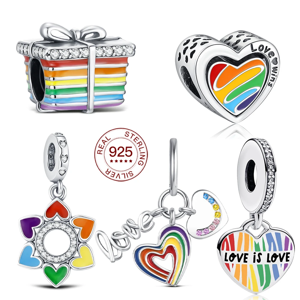 

Ювелирные изделия из серебра 925 пробы с радужными бусинами, сердце ЛЮБОВЬ, ЛГБТ-подвеска для оригинального браслета «сделай сам», ожерелье, модные свадебные украшения, подарок
