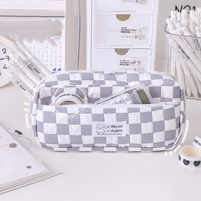Large Capacity Checked Pattern Pencil Case Simple Multifunctional Pen Storage Bag Fashion Cute Pencil Box School Supplies