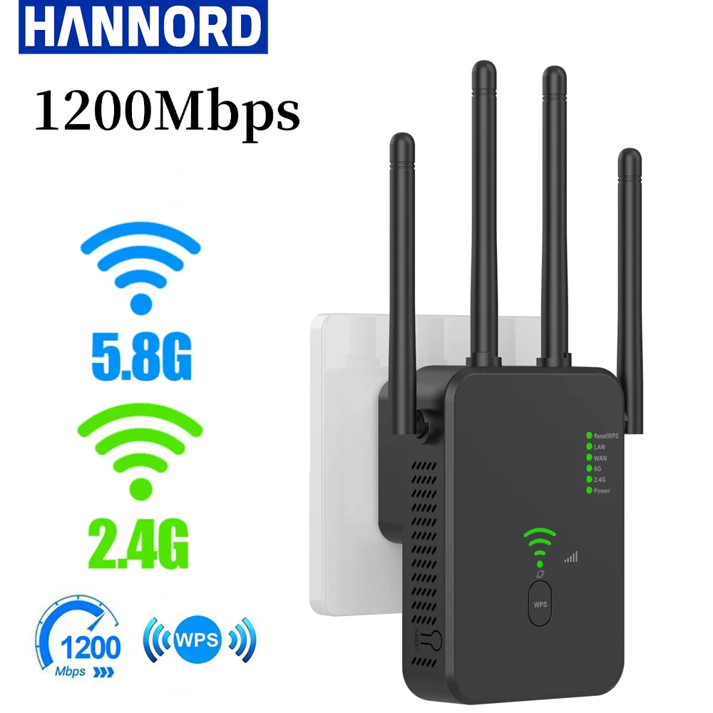 Hannord 와이파이 리피터, 1200Mbps 듀얼 밴드 2.4G 및 5GHz 802.11ac 기가비트 와이파이 증폭기, WPS 라우터 신호 부스트, 홈 오피스용 Hannord 와이파이 리피터, 1200Mbps 듀얼 밴드 2.4G 및 5GHz 802.11ac 기가비트 와이파이 증폭기, WPS 라우터 신호 부스트, 홈 오피스용