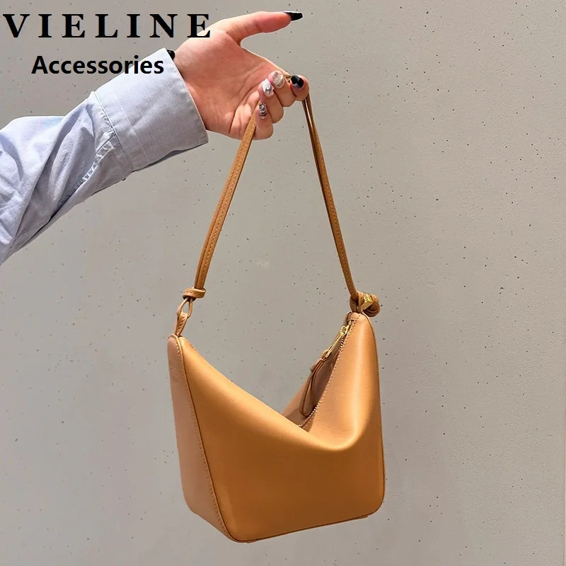 VIELINE Women\'s Underarm Hobo Bag Simple Design Pillow Bag Genuine Leather Satchels Ladies Mini Purse