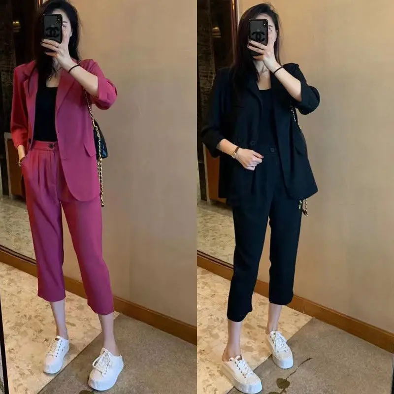 Women\'s 2 Pant Set Capris and Outfits Blazer Casual Two Pieces Sets Pants for Woman Y2k Streetwear Trousers Suits Korean Style D