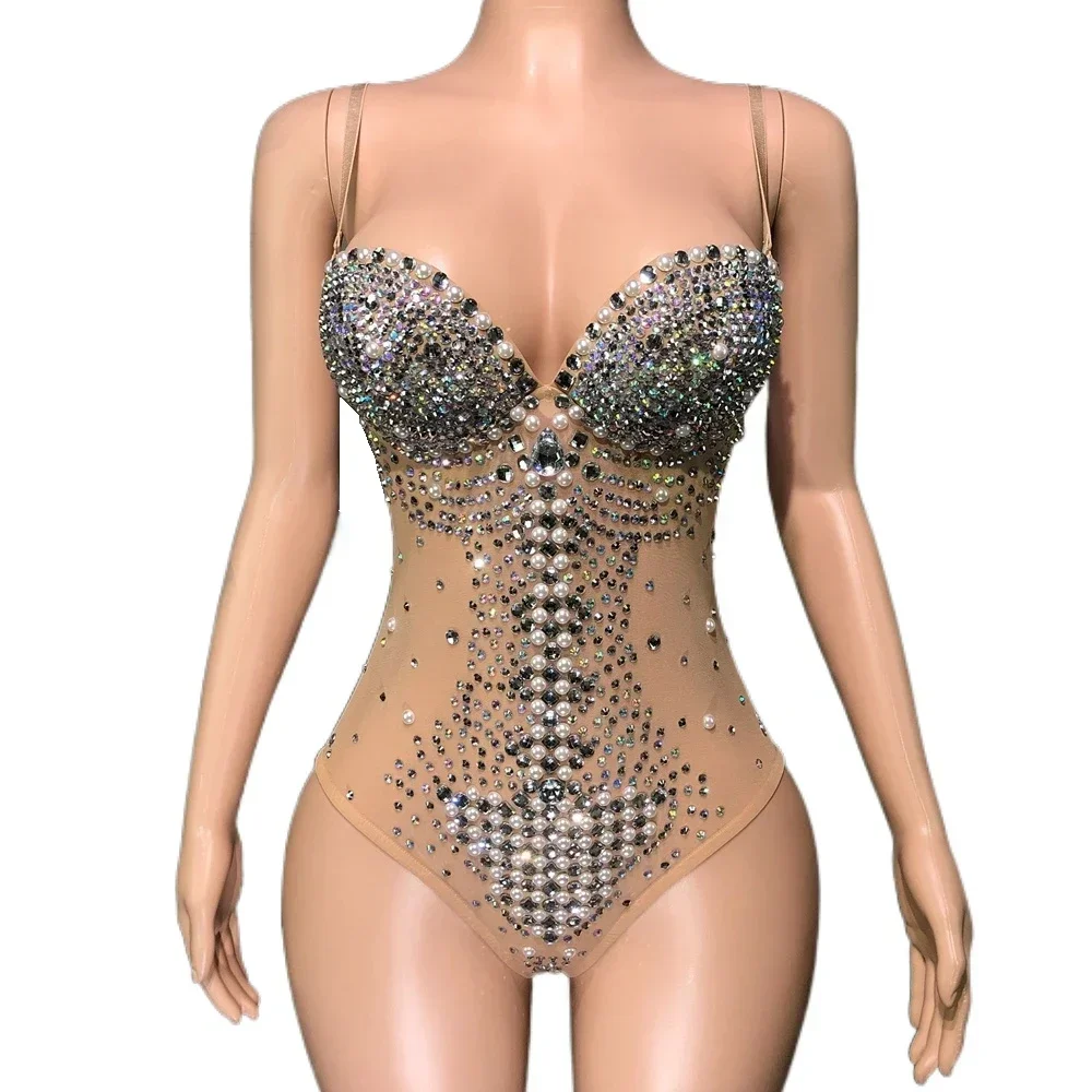 

Dance Costume Stage Women Singer Dancer Performance Wear Sexy Mesh See Through Rhinestones Bodysuit Photography Leotard Dj Club