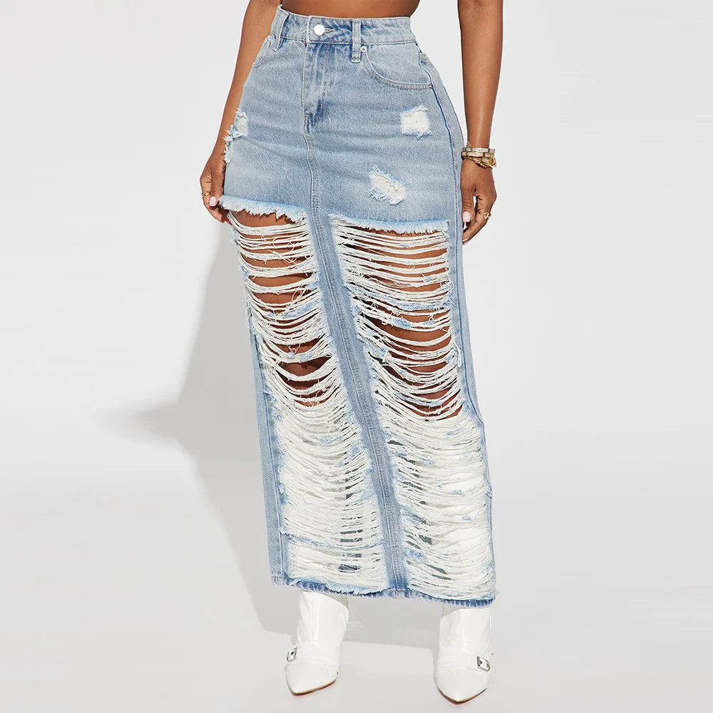 

Denim Ripped Skirt Jean Dress Hollow Out Sexy Y2K Streetwear 2023 Summer Women Cargo Pocket Dress High Waist Fringe Sexy Skirts