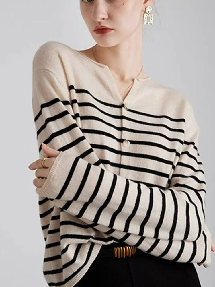 

Korean Sle Striped Knitted Cardigan Slimming Single Button Comfortable Long Sve Anti-Aging New Faion Women's Top
