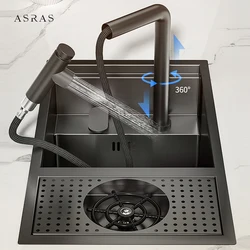 ASRAS Nano Black Small Size Kitchen Sink Cup Washer Hidden Bar Counter Cover Concealed Single Bowl Sinks With Lifting Faucet