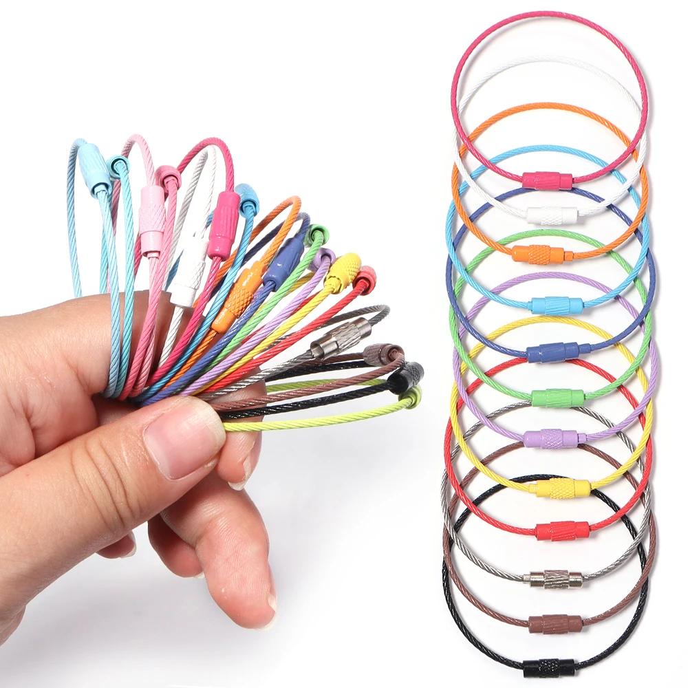10pcs/lot Stainless Steel Wire Keychains Colorful Round Cable Loop Screw Lock Rope Rings For DIY Keyrings Key Chains Accessories