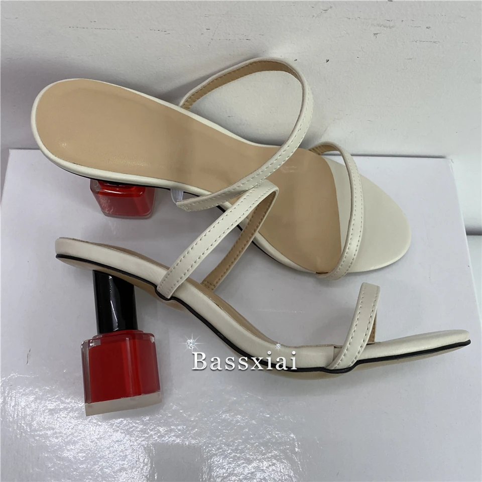 Novelty Nail Polish Strange Heel Mules For Girls Sexy Narrow Band Genuine Leather Open Toe Slingbacks Women Sandals