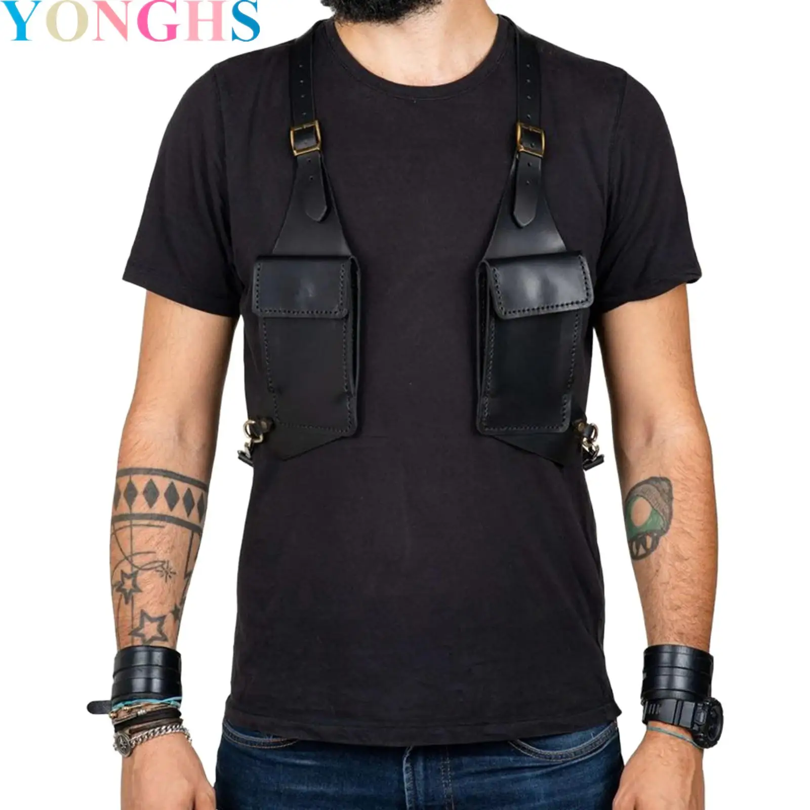 

Men Adjustable Leather Shoulder Bag Outdoors Mobile Medieval Steampunk Retro Backpack with Underarm Bag