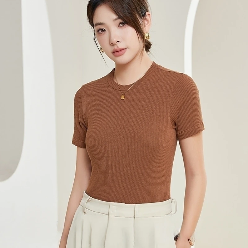 

Spring Summer High-End Mulberry Silk Short-Sleeved T-Shirt Round Neck Breathable And Thin Top Soild Color Soft Female Clothing