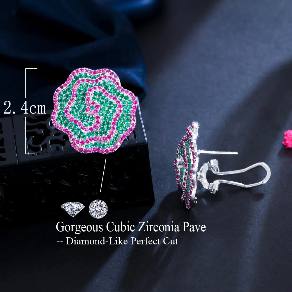 CWWZircons Kreative Ohrstecker mit großen Blumen aus grünem und rosarotem Zirkonia im Mikro-Pavé-Stil für Damen, schicker Schmuck für Hochzeiten und Partys E0810 – Detail 2