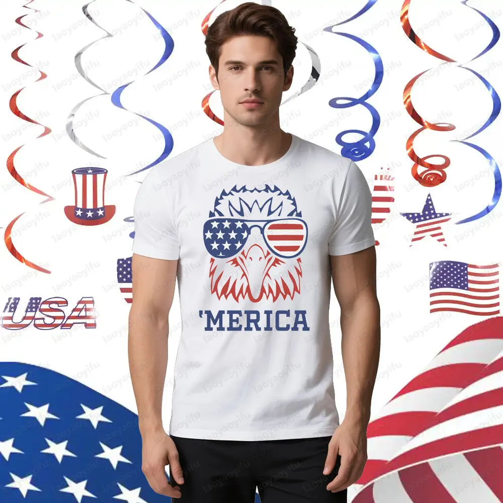 

Merica Bald Eagle T-Shirt 4th of July America USA Flag Glasses Patriotic Tee Ndependence Day Commemorative Men Women Cotton Tee