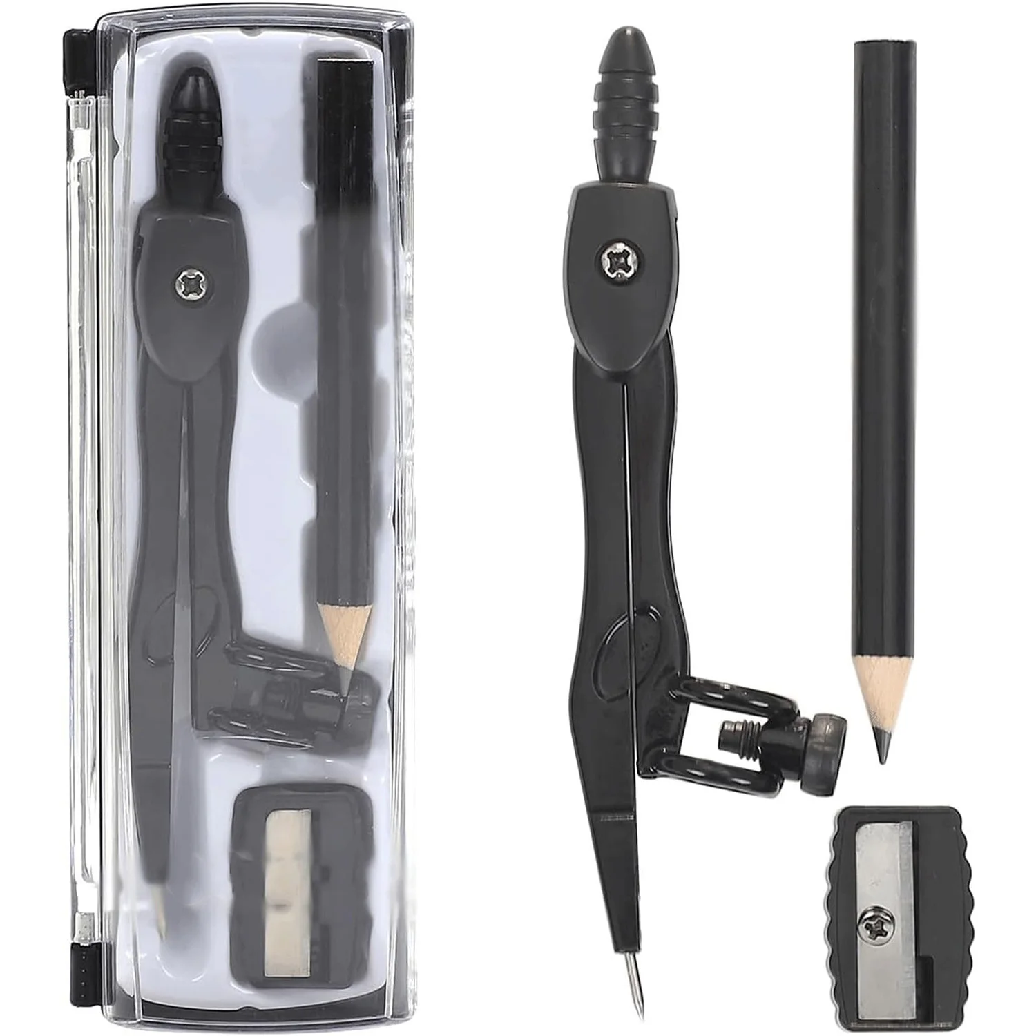 Geometry Set Black Zinc Alloy Multifunction Clip Compass Pencil Sharpener Math Drafting Tools Student School Supplies