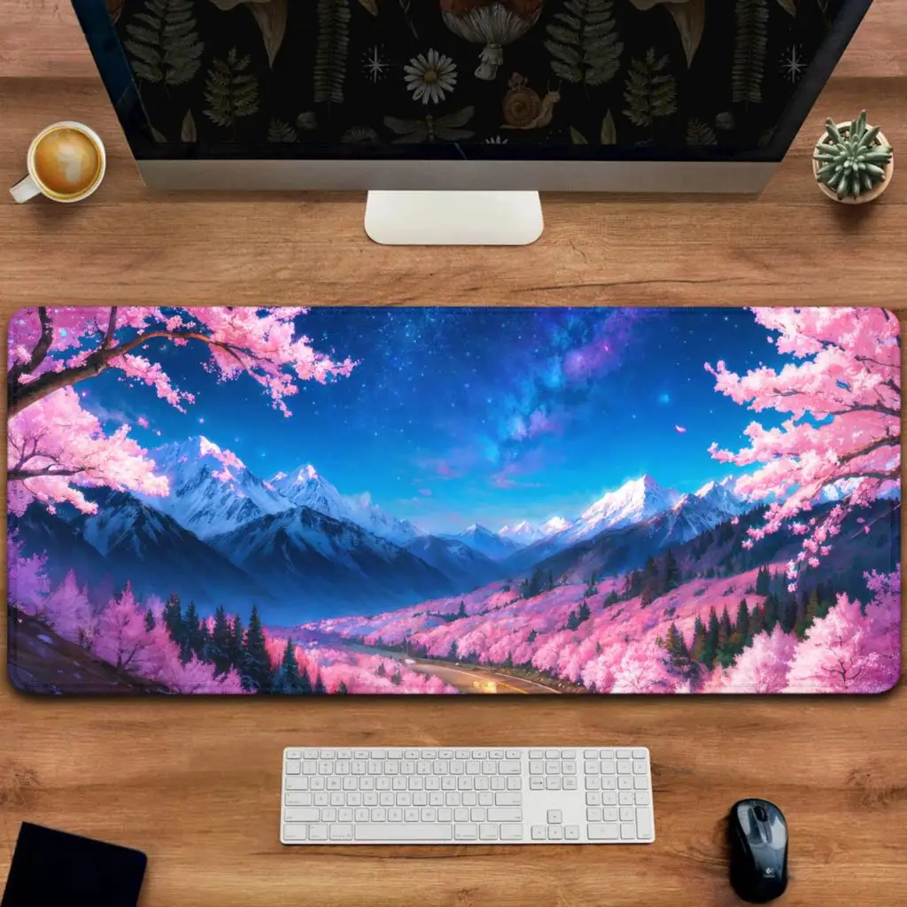 Sakura Mouse Pad 900x400 700x300 Cherry Blossom Forest Snow Mountain Starry Night Sky Mousepad XXL Desk Mat Pink Flower Deskmat