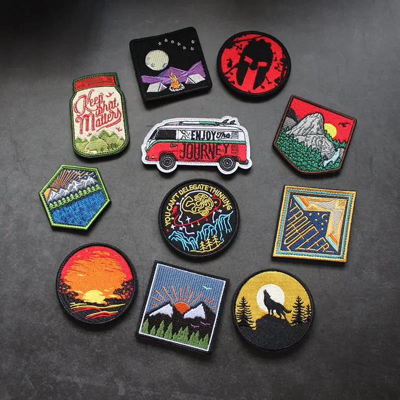 3D Embroidery All-Terrain Mountain Sunrise Tai Chi Scenery Camping Patch Bottle Morale, DIY Hook Patch, Armband, Wolf Roar Badge