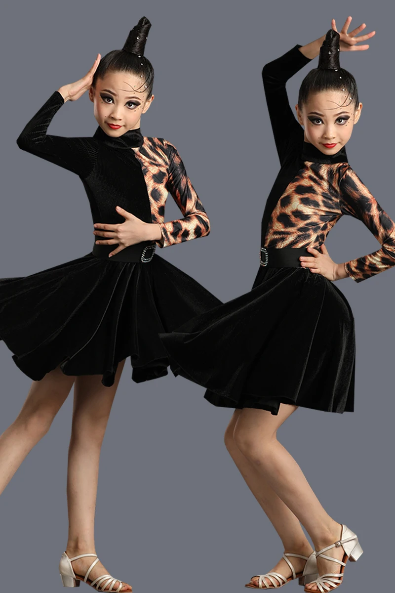 Girl Latin Dance Dress Ballroom Children Dance Salsa Black Leopard Print Kids Tango Dresses Dancing Stage Performance Clothing