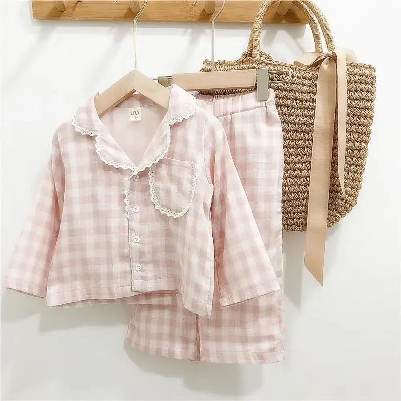 

Baby Girl Cotton Pajamas Clothes Set Autumn Infant Toddle Child Plaid Coat+Pants 2PCS Kids Home Suit Clothing Baby Clothes 1-10Y