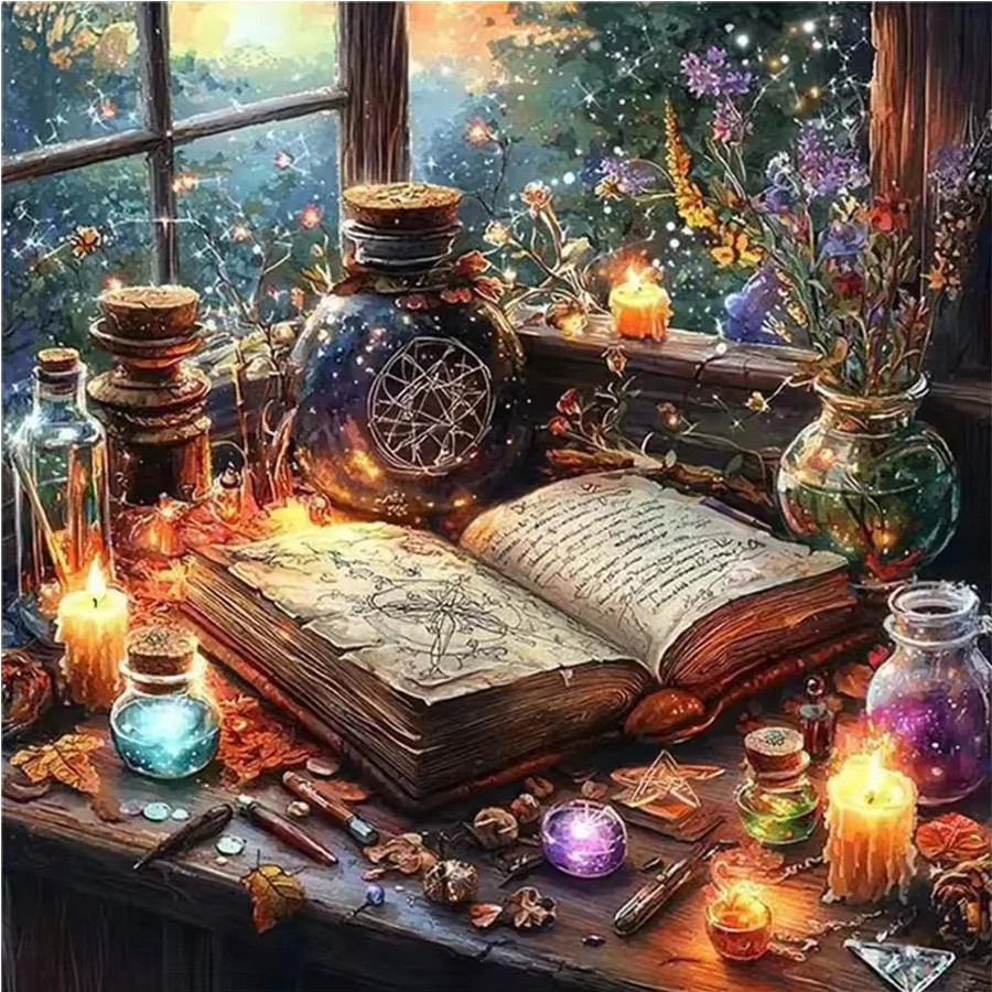 

DIY Full Square Round Diamond Painting Vintage books, candles, window scenery Landscape Diamond Mosaic Bottle Embroidery decor