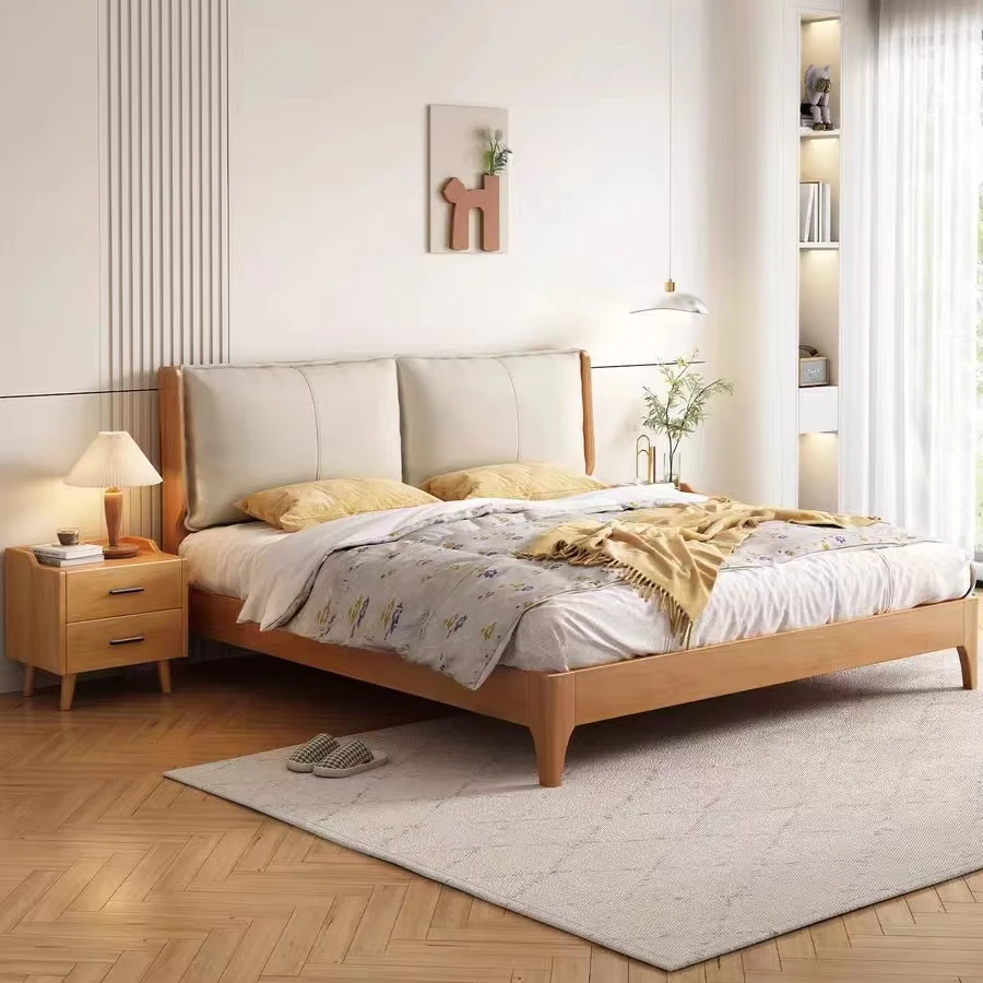 %&Hotel Storage Wooden Modern Home Furniture Simple North European Solid Wood Bed With Soft Bag Pillow High Grade Hardwood Bed