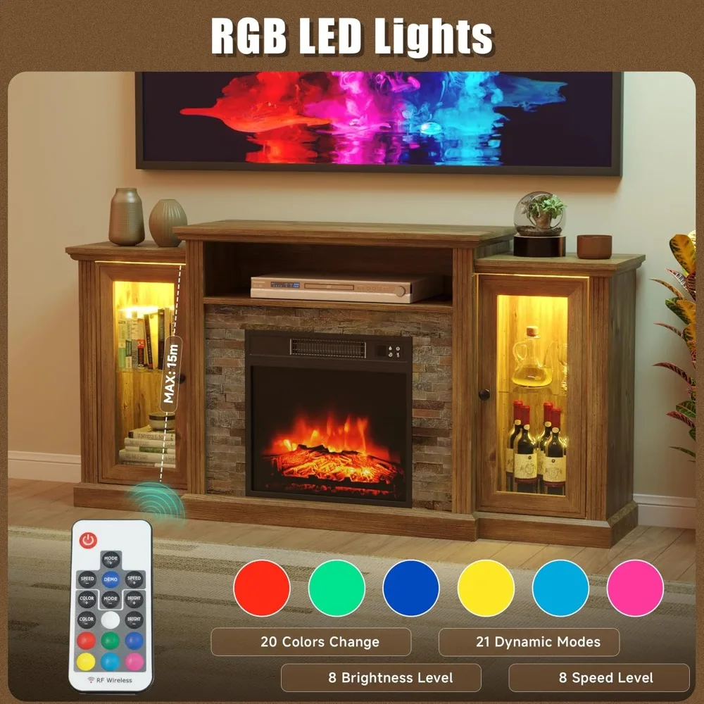 حامل تلفزيون مدفأة لتلفزيون 65 بوصة، مركز ترفيه مع مدفأة كهربائية 18 بوصة وأضواء LED، وحدة تحكم الوسائط الحديثة مع