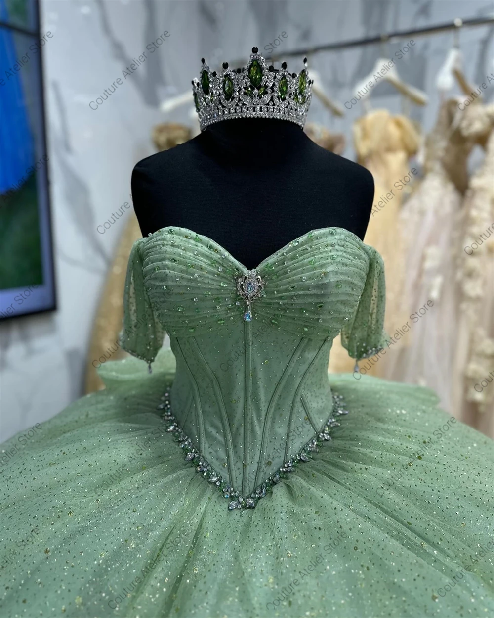 Sage Green Shinny Off The Shoulder Quinceanera Dresses Ball Gown Bow Sweet Sixteen Dress Wedding Gowns vestidos de 15 Customized