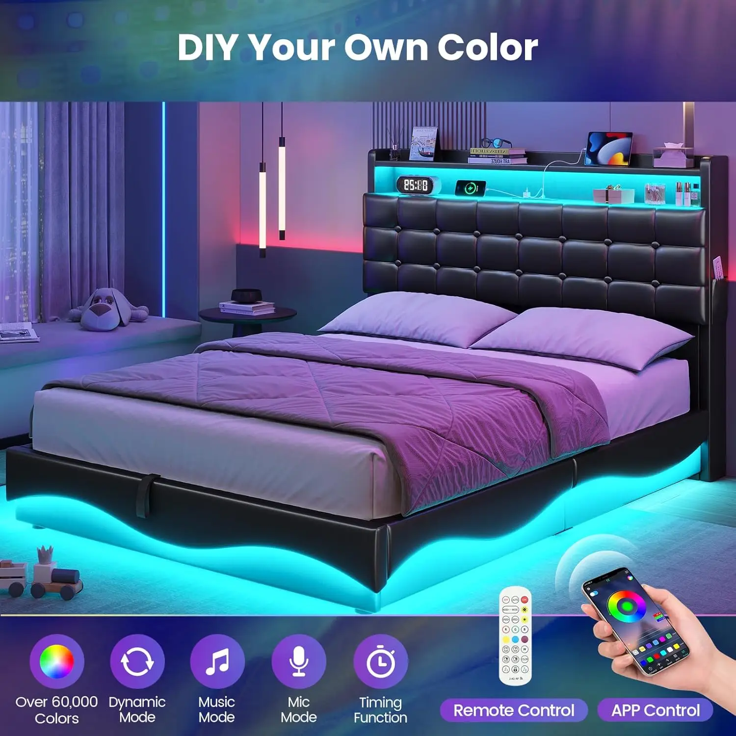 Bed Frame Twin Size W/ Lift Up Storage, Power Outlet & RGB Lights,Upholastered Storage , Twin Boys Bed W/ Heavy Duty Steel Slats