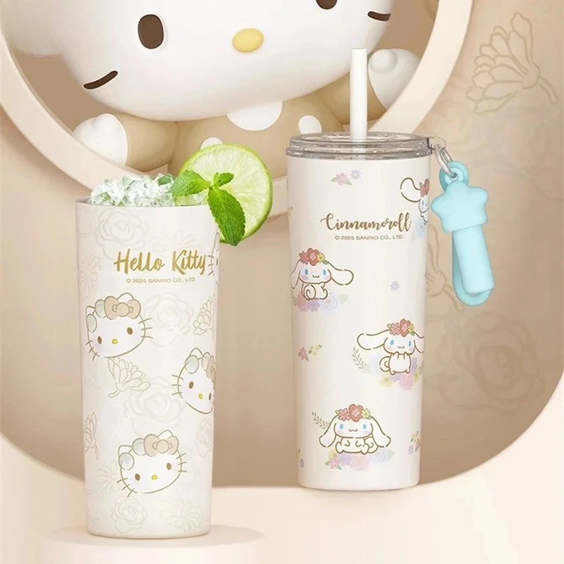 X&W Hello Kitty Cartoon Straw Cup 650ml Stainless Steel Vacuum Bottle Portable Outdoor Sports Travel Camping Car Cup Girl Gift
