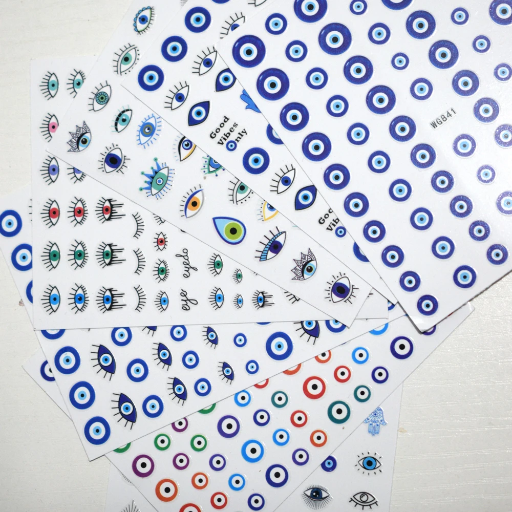 1 Sheet 3D Blue Evil Eye Design Nail Art Decals DIY Self-Adhesive Charms Abstract Line Sliders Decoration Colorful Nail Stickers