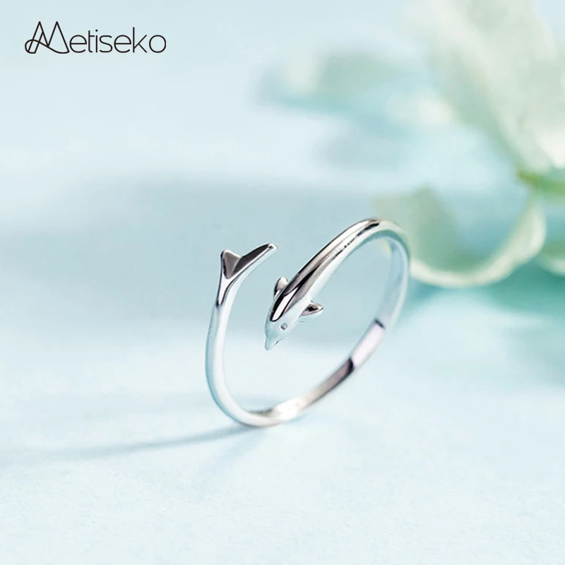 

Metiseko Real 925 Sterling Silver Dolphin Shape Ring Adjustable Open Size Simple Personality Jewelry for Women Party Engagement