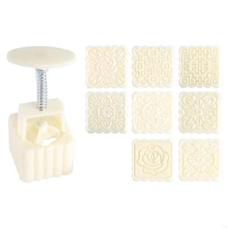 U75C 100g Mooncake Barrel Mold with 8pcs Square Flower Stamps Hand Press Moon Cake Pastry Mould DIY Bakeware