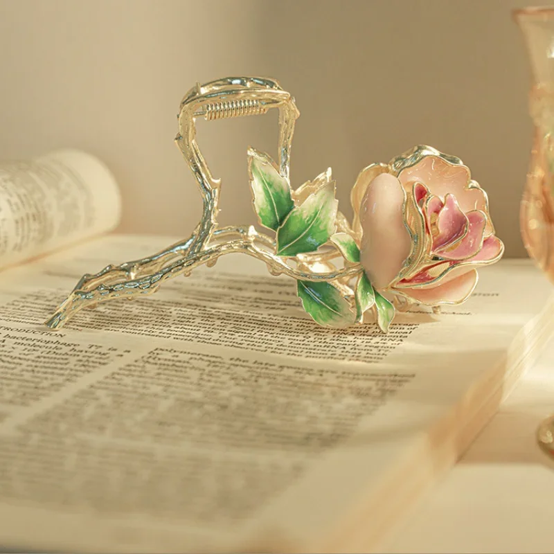 Pink Purple Rose Hair Claw Elegant Vintage Flower Hair Grab Clip Accessories Chinese Style Shark Clips Girls Hair Styling Tools - Image 2