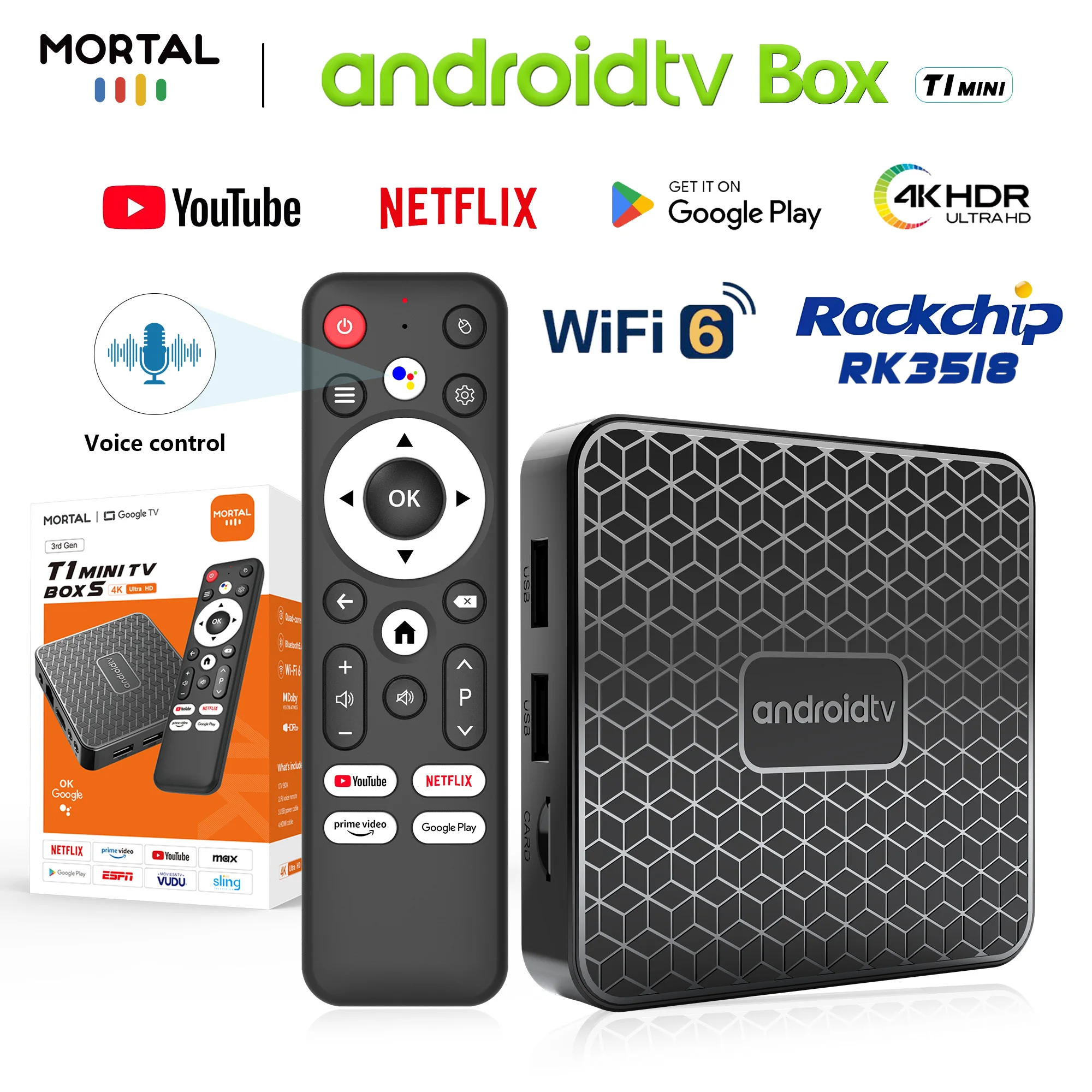 

Smart tv box Android14 TV BOX Youtube Netflix Rockchip RK3518 Google assistant Wifi6 BT5.0 2GB 16GB Theater Set-Top Box T1 MINI