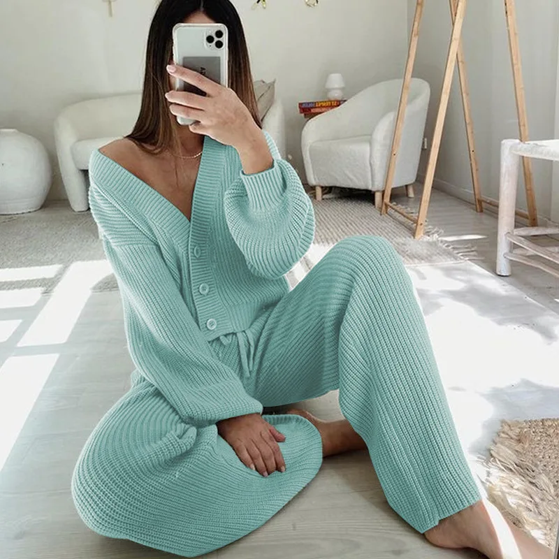 

2025 Leisure Fashion Women's Solid-color Cardigan Long-sleeved Knitted Sweater and Trousers Two-piece Set