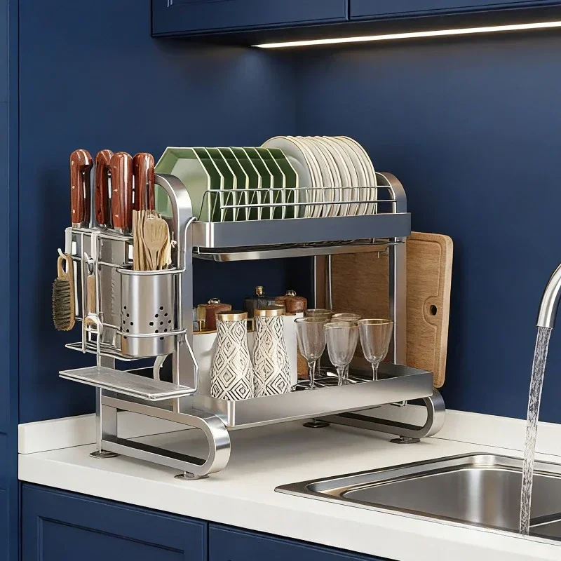 Stainless steel dish storage rack Drain rack Multi-layer kitchen rack Thickened square tube Multifunctional bowl and chopstick