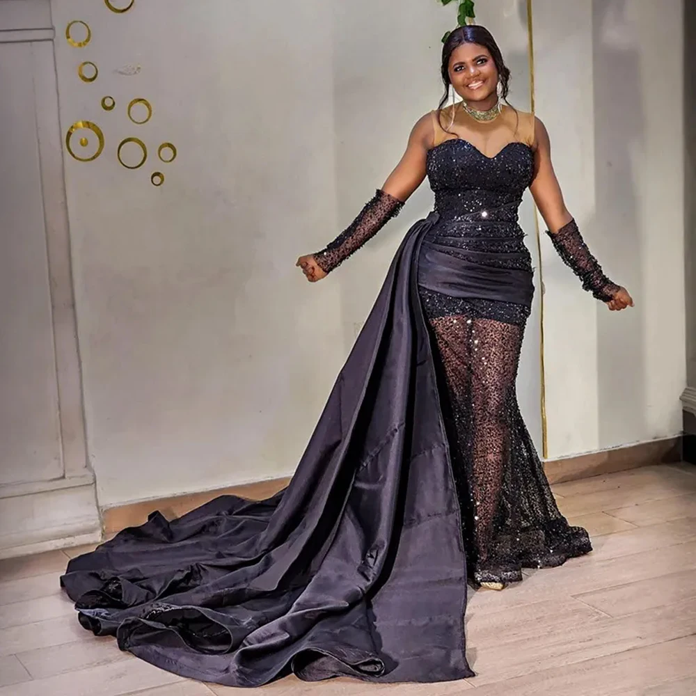 Robe de Rhnoire avec poignées pour femmes, robe de sirène à col transparent, jupe à paillettes pour occasions spéciales, fête d'anniversaire, quoi que ce soit