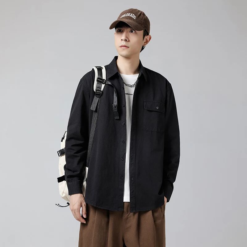 

Black Casual Long Sleeve Shirt Men's Trendy Loose Fit Workwear Jacket American Style Spring Autumn Top Youth Fashion Classic ...