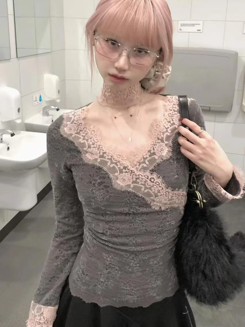 Sexy Koreanische Mode Bodycon Dünne Gestrickte Pullover Frauen Langarm Spitze Dünne Jumper Weibliche Outwear Y2k Tops Chic Frühling